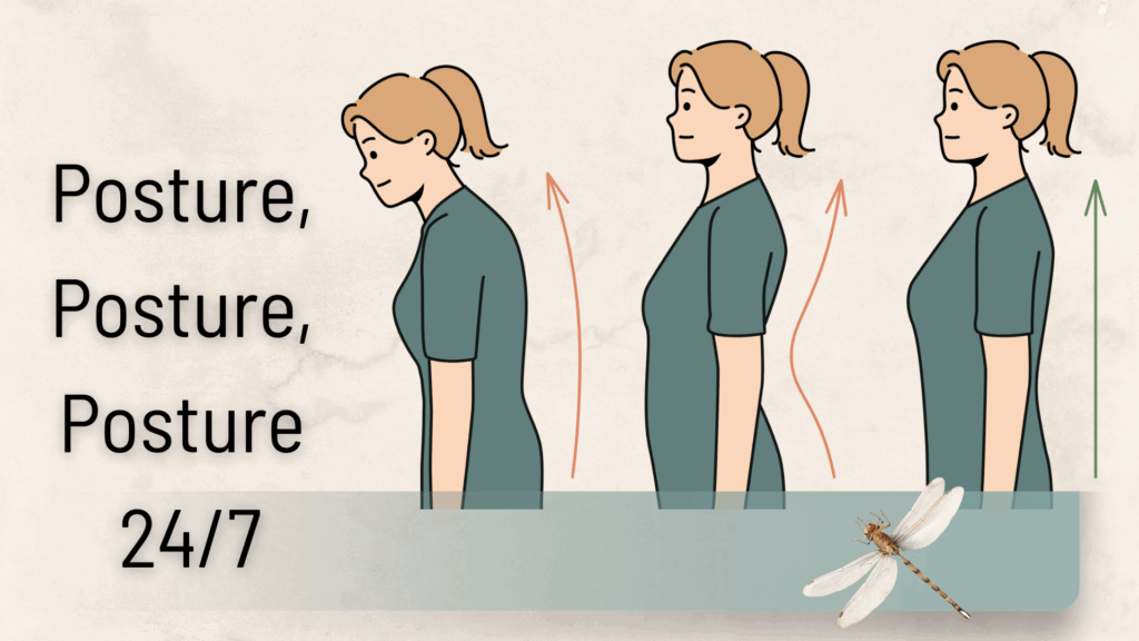 Posture repeated 3 times with bad posture and then good posture: a woman slouching, arching her back, and then standing properly.